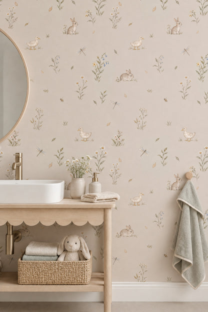 Watercolor Rabbits Wallpaper Soft Beige Woodland Animals Pattern
