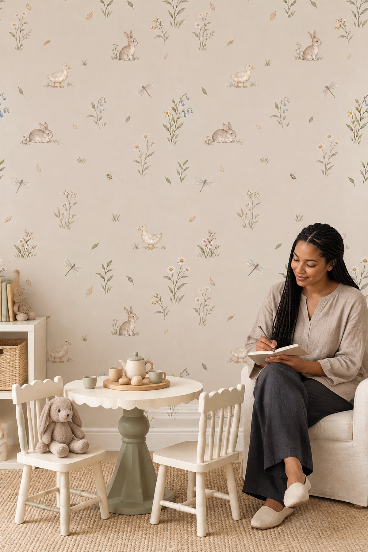 Watercolor Rabbits Wallpaper Soft Beige Woodland Animals Pattern