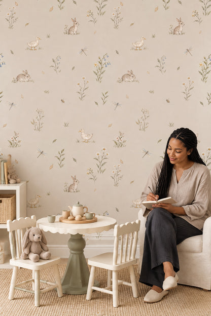 Watercolor Rabbits Wallpaper Soft Beige Woodland Animals Pattern