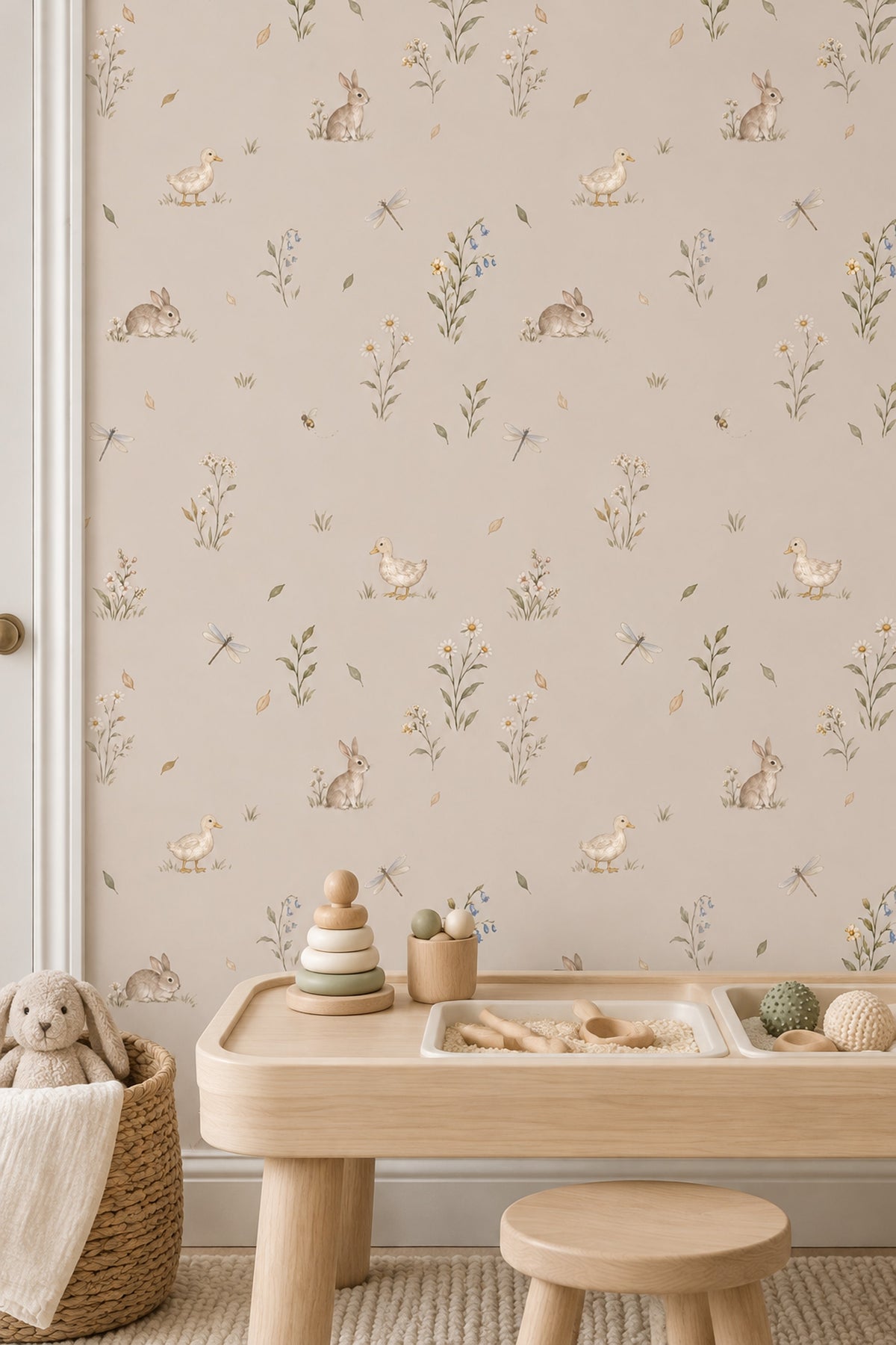 Watercolor Rabbits Wallpaper Soft Beige Woodland Animals Pattern