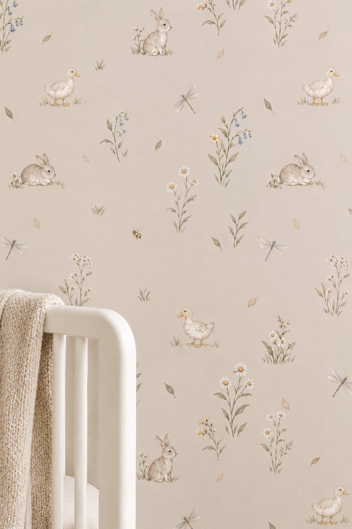 Watercolor Rabbits Wallpaper Soft Beige Woodland Animals Pattern