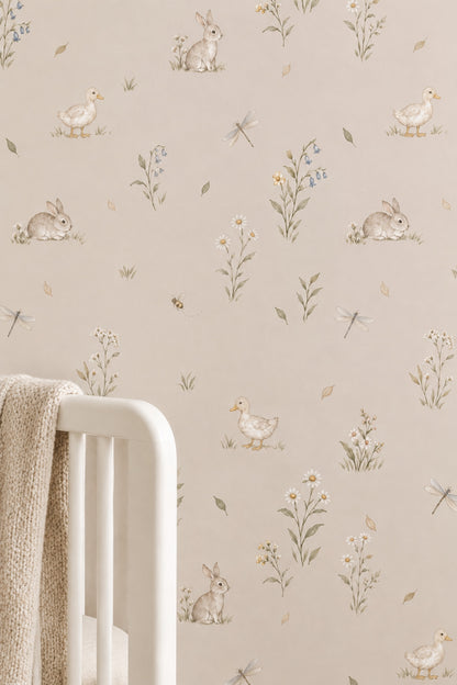 Watercolor Rabbits Wallpaper Soft Beige Woodland Animals Pattern
