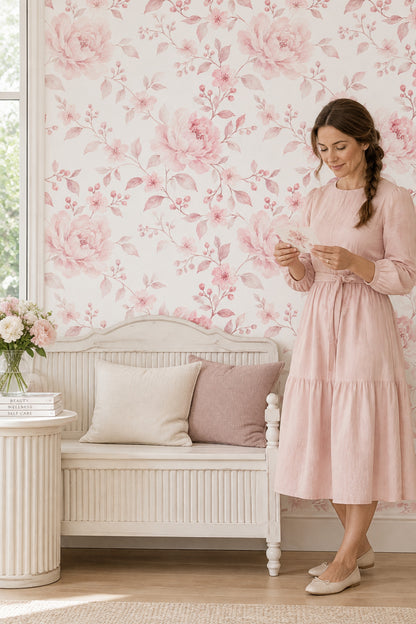 Watercolor Pink Peonies Wallpaper White Background