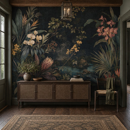 Dark Tropical Leaves Wallpaper Mural Vintage Inspired Botanical Jungle Landscape