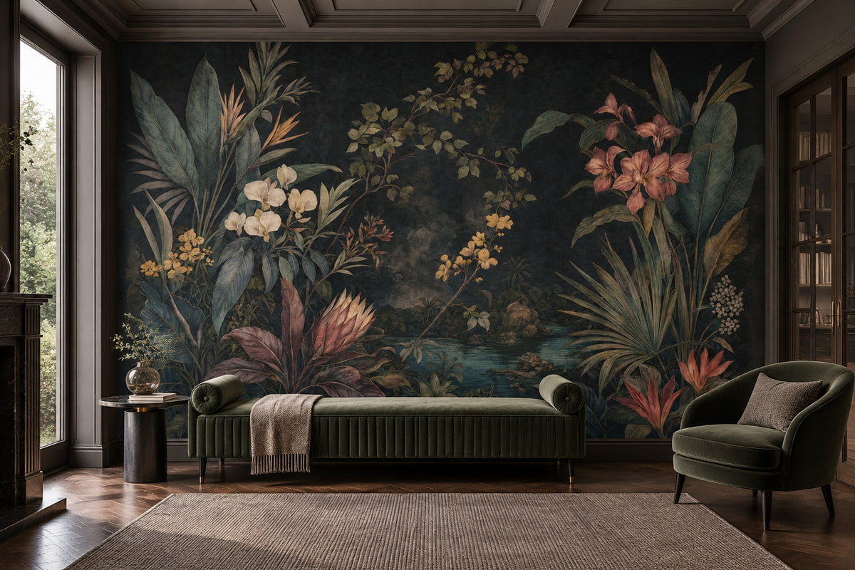 Dark Tropical Leaves Wallpaper Mural Vintage Inspired Botanical Jungle Landscape