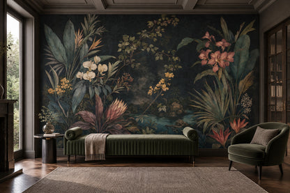 Dark Tropical Leaves Wallpaper Mural Vintage Inspired Botanical Jungle Landscape