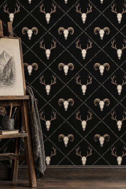 Deer And Ram Skull Wallpaper Solid Black Gothic Repeat