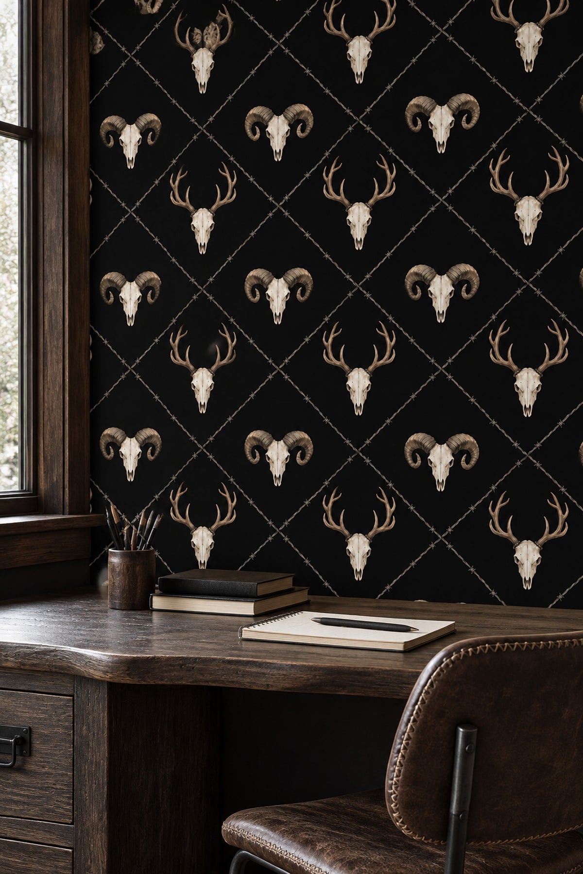 Deer And Ram Skull Wallpaper Solid Black Gothic Repeat