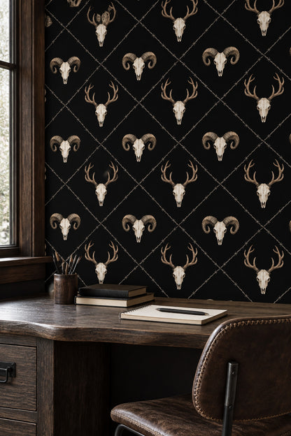 Deer And Ram Skull Wallpaper Solid Black Gothic Repeat