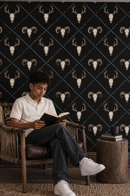 Deer And Ram Skull Wallpaper Solid Black Gothic Repeat