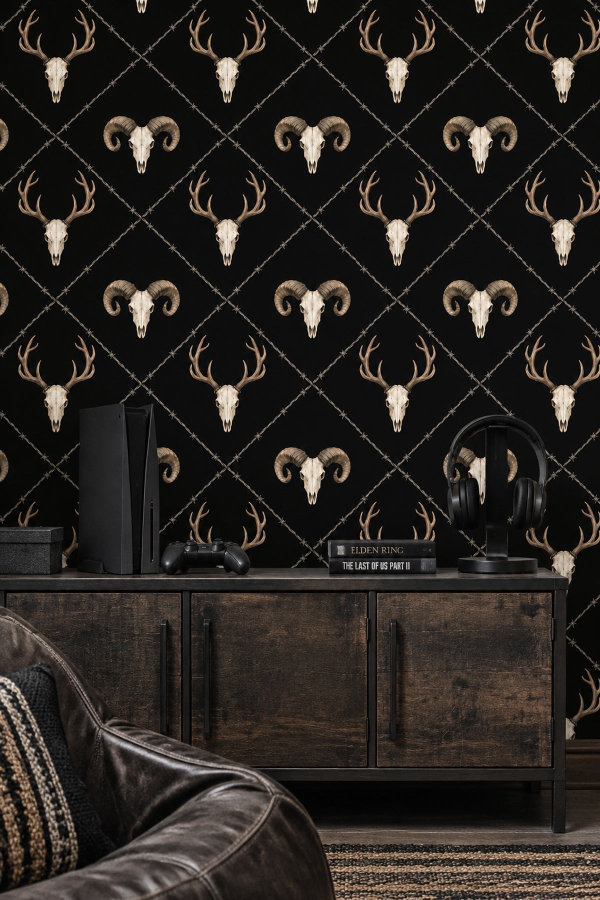 Deer And Ram Skull Wallpaper Solid Black Gothic Repeat