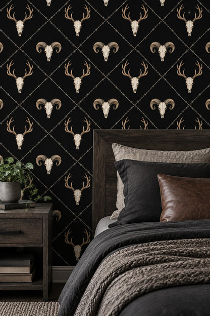 Deer And Ram Skull Wallpaper Solid Black Gothic Repeat