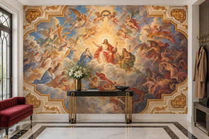 Jesus And Angels Baroque Fresco Wallpaper Mural: Ornate Gold Frame