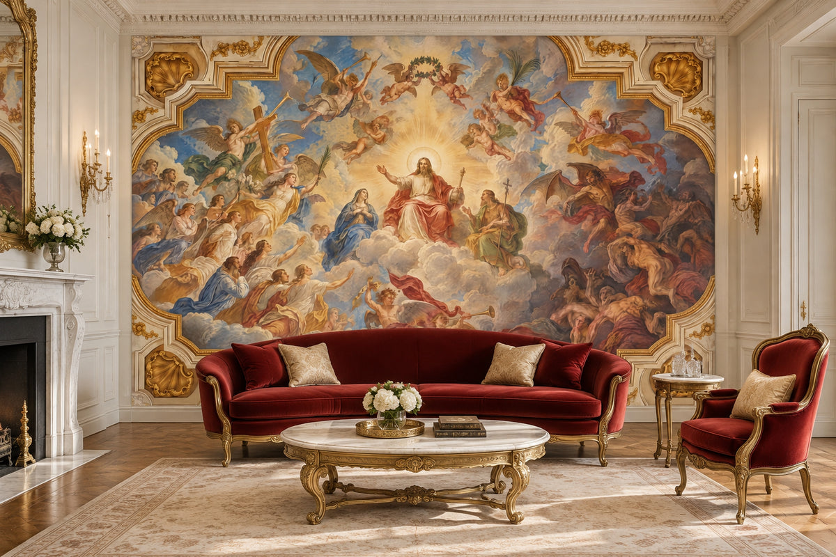Jesus And Angels Baroque Fresco Wallpaper Mural: Ornate Gold Frame