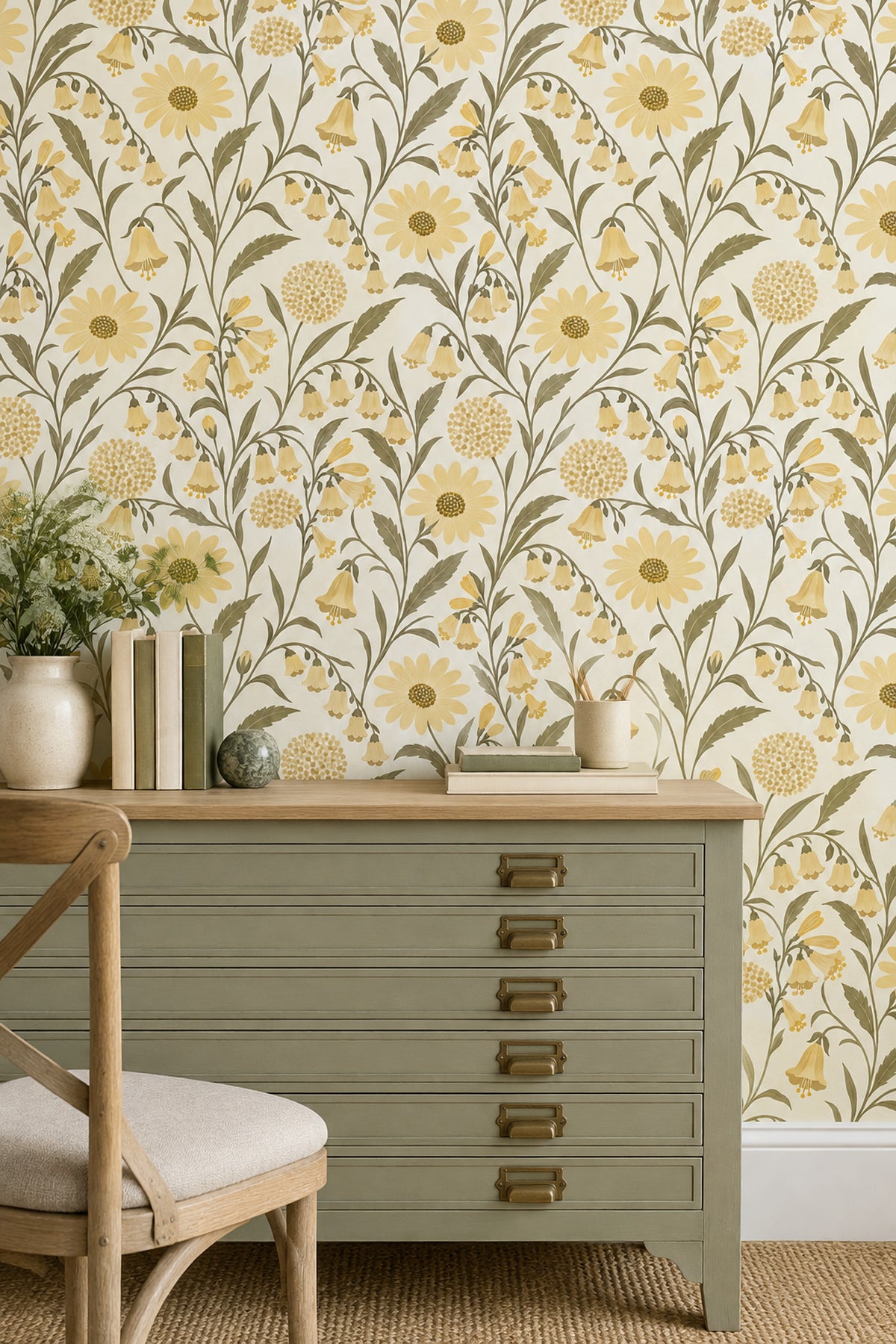 Yellow Wildflowers Wallpaper Vintage Inspired Botanical On Cream