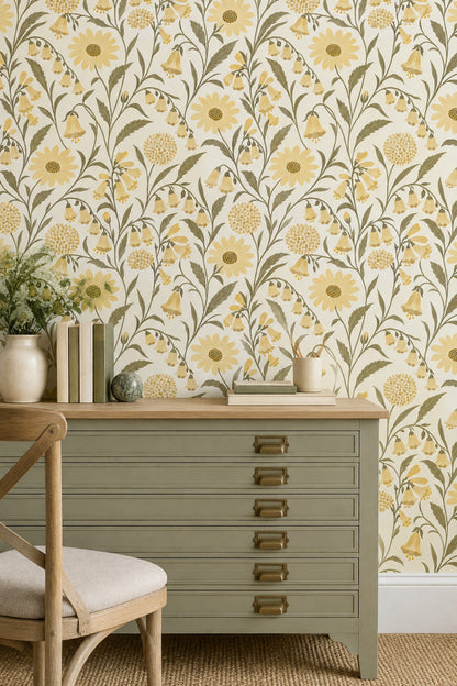 Yellow Wildflowers Wallpaper Vintage Inspired Botanical On Cream