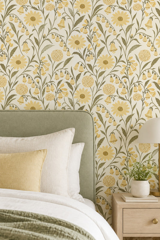 Yellow Wildflowers Wallpaper Vintage Inspired Botanical On Cream