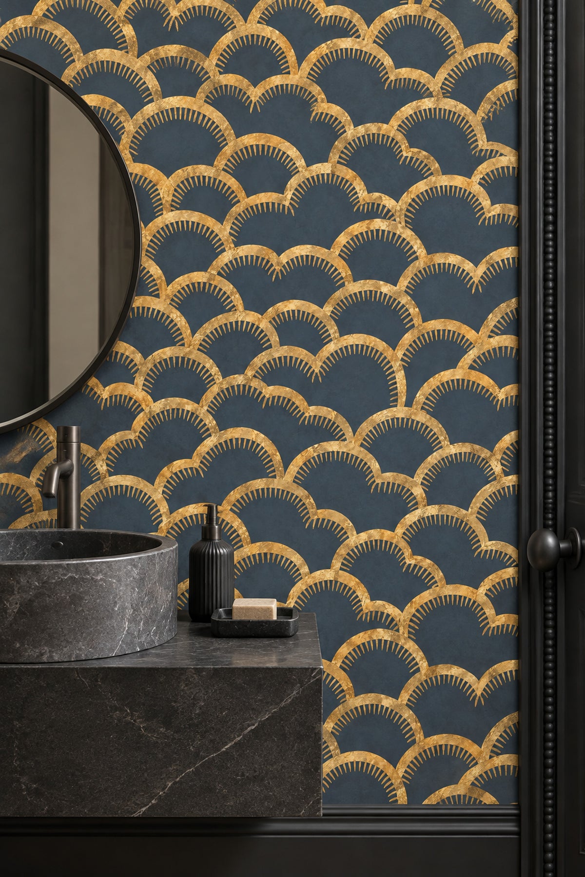 Gold Art Deco Arches Wallpaper Dark Navy Fan Motif