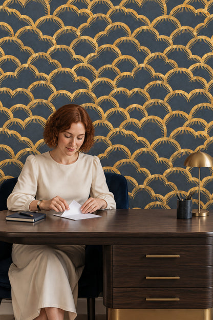 Gold Art Deco Arches Wallpaper Dark Navy Fan Motif