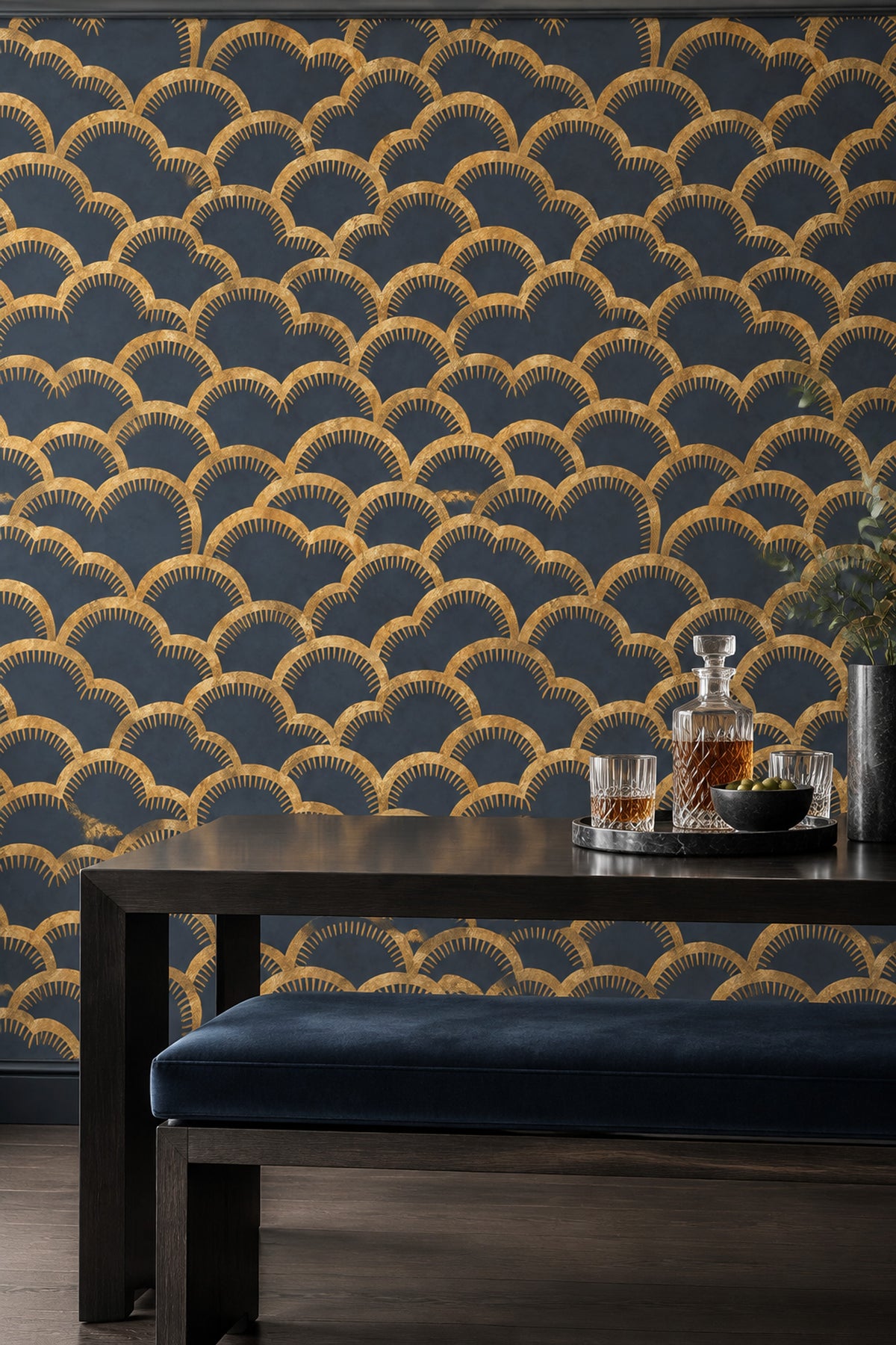 Gold Art Deco Arches Wallpaper Dark Navy Fan Motif