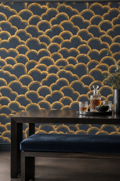 Gold Art Deco Arches Wallpaper Dark Navy Fan Motif