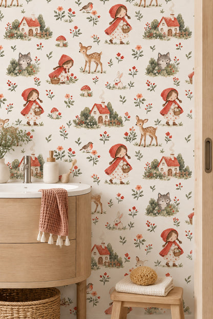 Little Red Riding Hood Wallpaper Watercolor Woodland Storybook Repeat