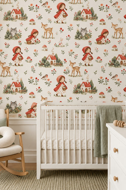 Little Red Riding Hood Wallpaper Watercolor Woodland Storybook Repeat