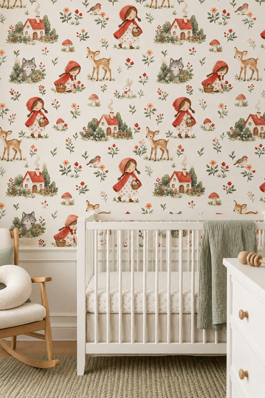 Little Red Riding Hood Wallpaper Watercolor Woodland Storybook Repeat
