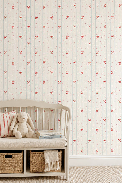 Red Bows Wallpaper With Blue Vertical Stripes And Polka Dots