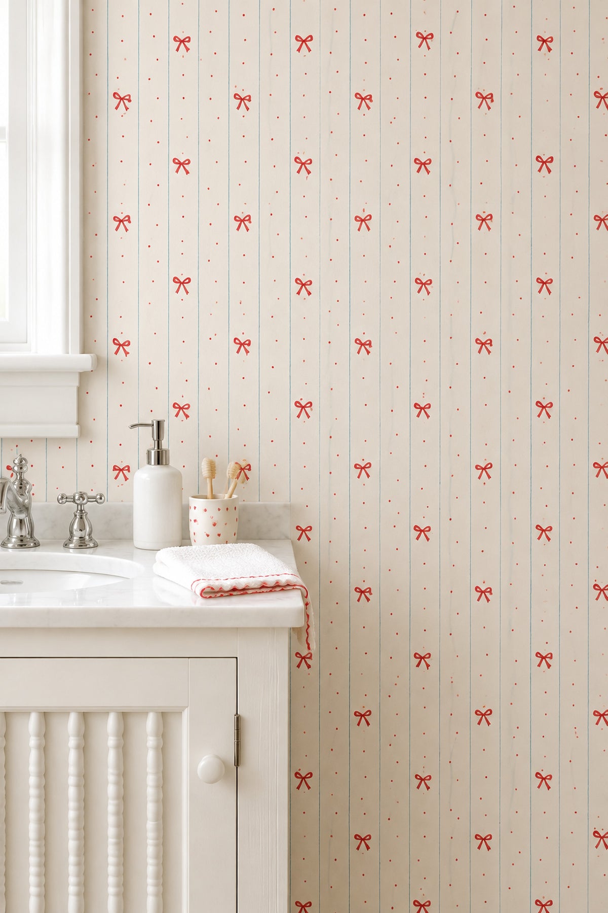 Red Bows Wallpaper With Blue Vertical Stripes And Polka Dots