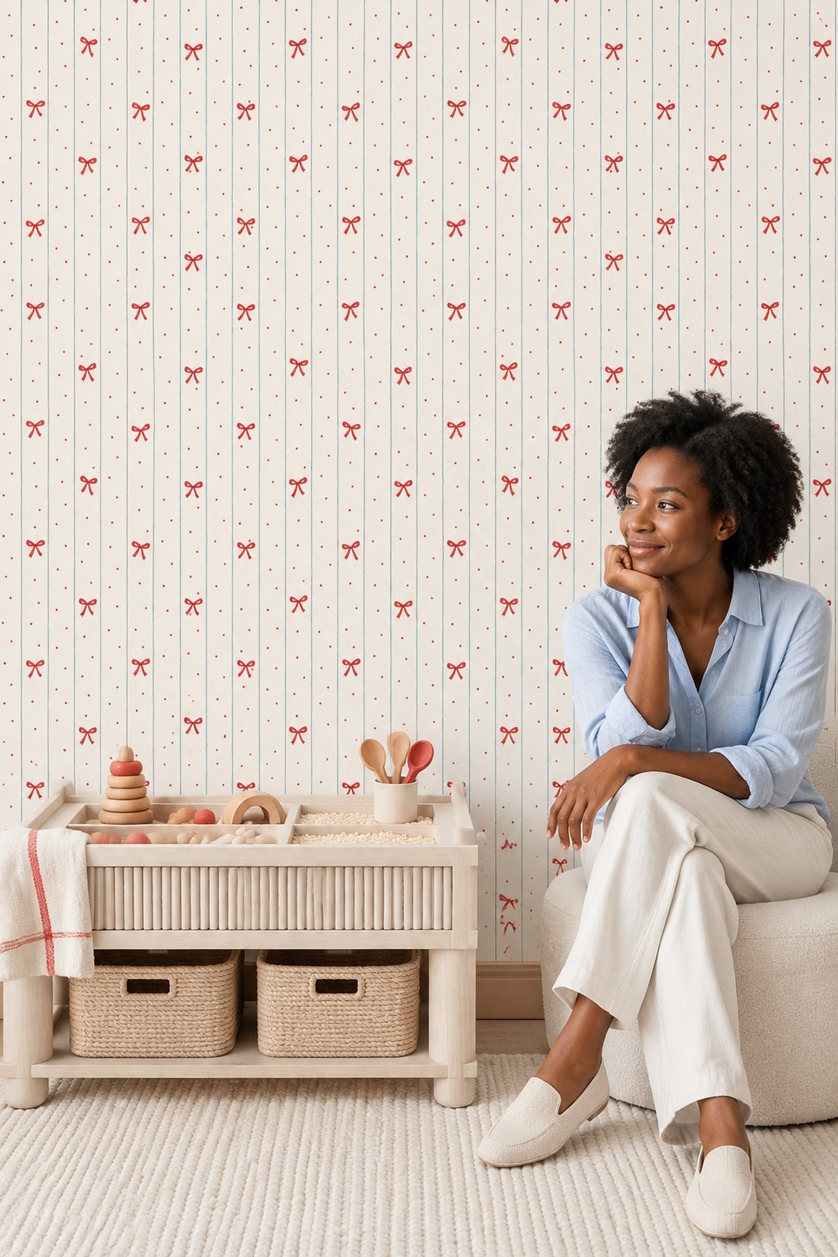 Red Bows Wallpaper With Blue Vertical Stripes And Polka Dots