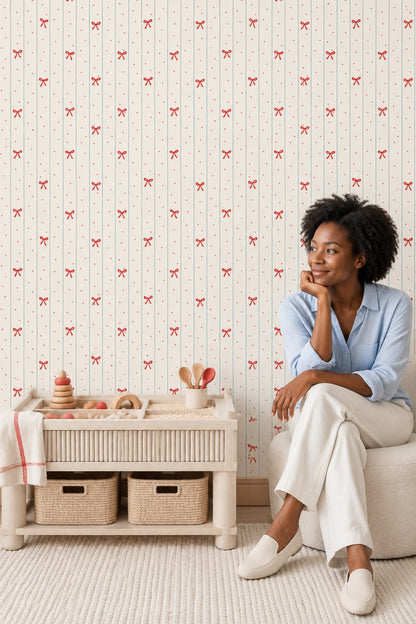 Red Bows Wallpaper With Blue Vertical Stripes And Polka Dots