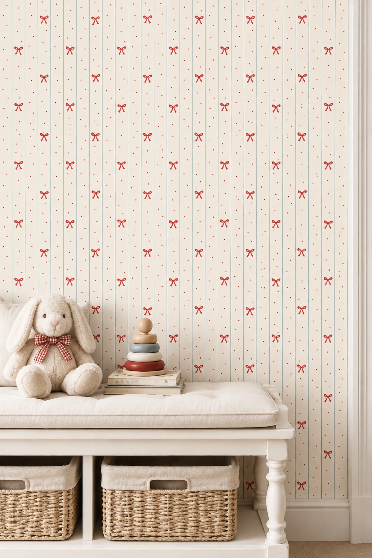Red Bows Wallpaper With Blue Vertical Stripes And Polka Dots