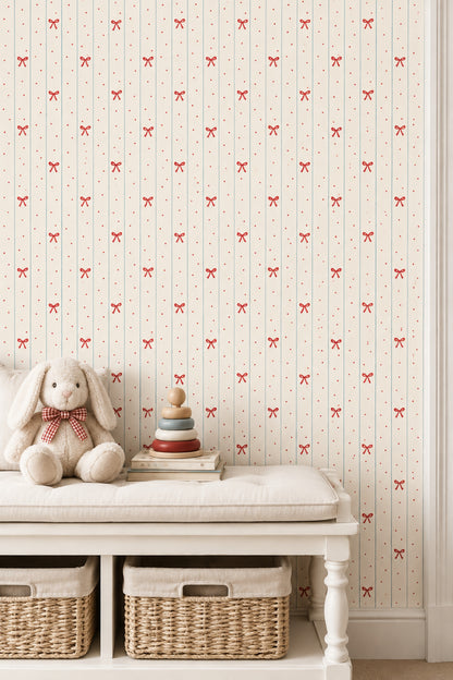 Red Bows Wallpaper With Blue Vertical Stripes And Polka Dots