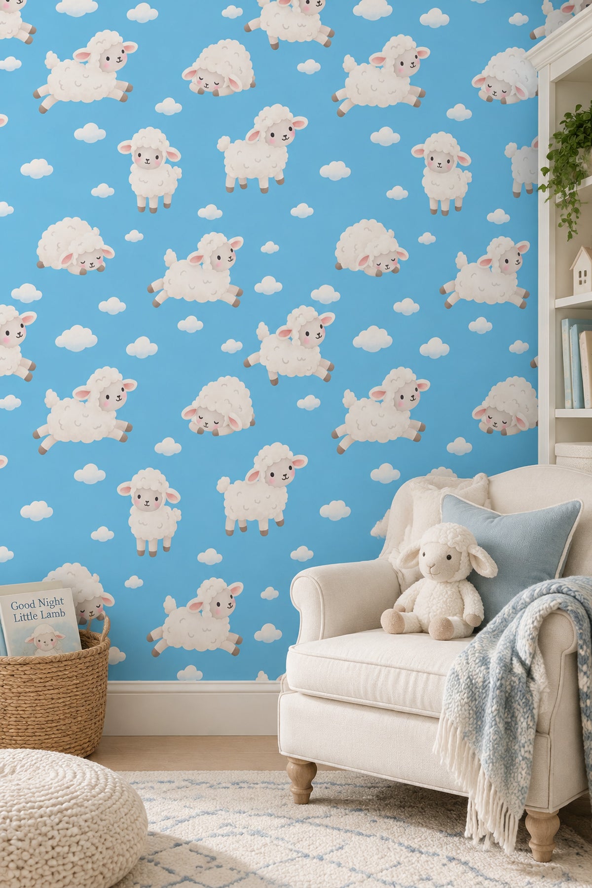 Cute Sheep Wallpaper Sky Blue Cloud Pattern
