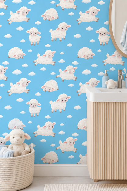 Cute Sheep Wallpaper Sky Blue Cloud Pattern