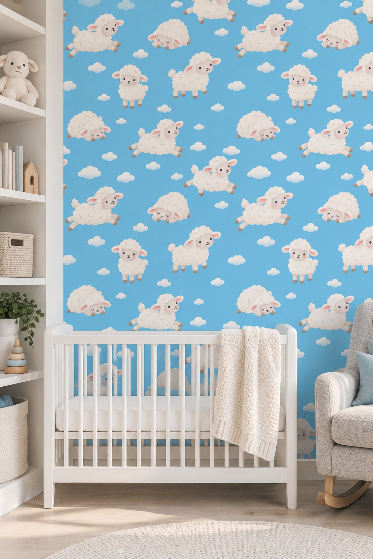 Cute Sheep Wallpaper Sky Blue Cloud Pattern
