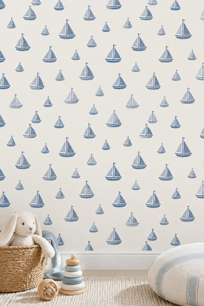 Blue Sailboats Wallpaper Nautical Repeat On Ivory Background