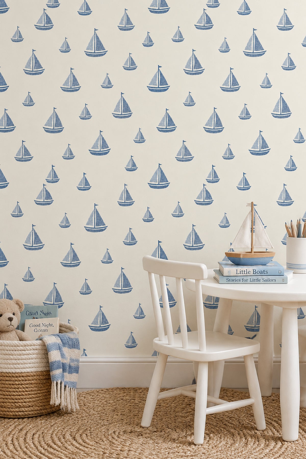 Blue Sailboats Wallpaper Nautical Repeat On Ivory Background