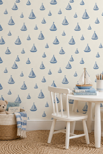 Blue Sailboats Wallpaper Nautical Repeat On Ivory Background