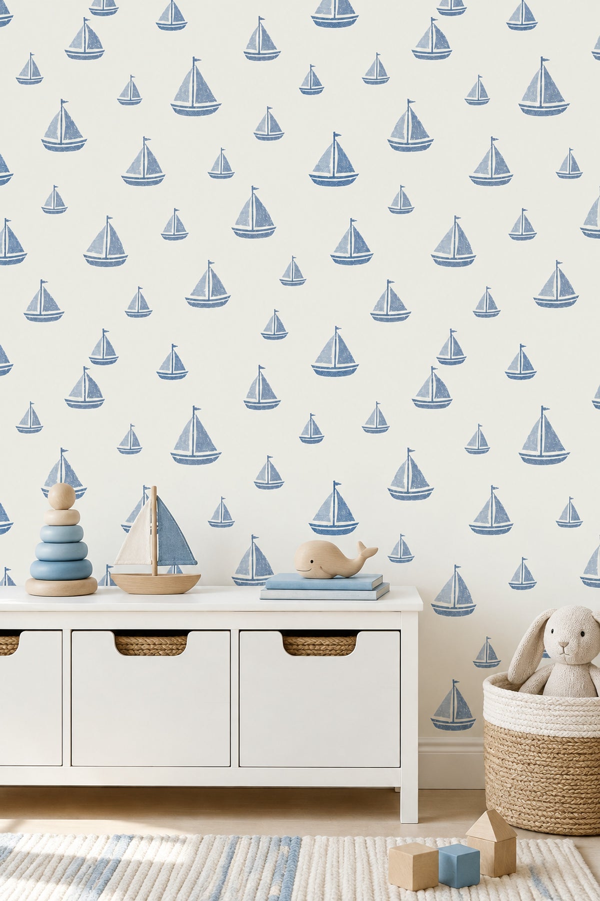 Blue Sailboats Wallpaper Nautical Repeat On Ivory Background