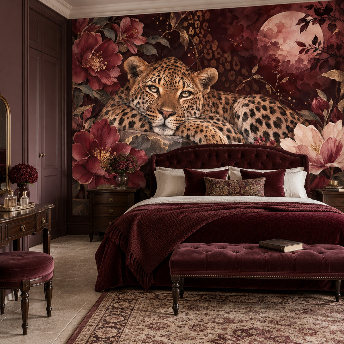 Reclining Leopard Wallpaper Mural, Dark Burgundy Florals And Moon