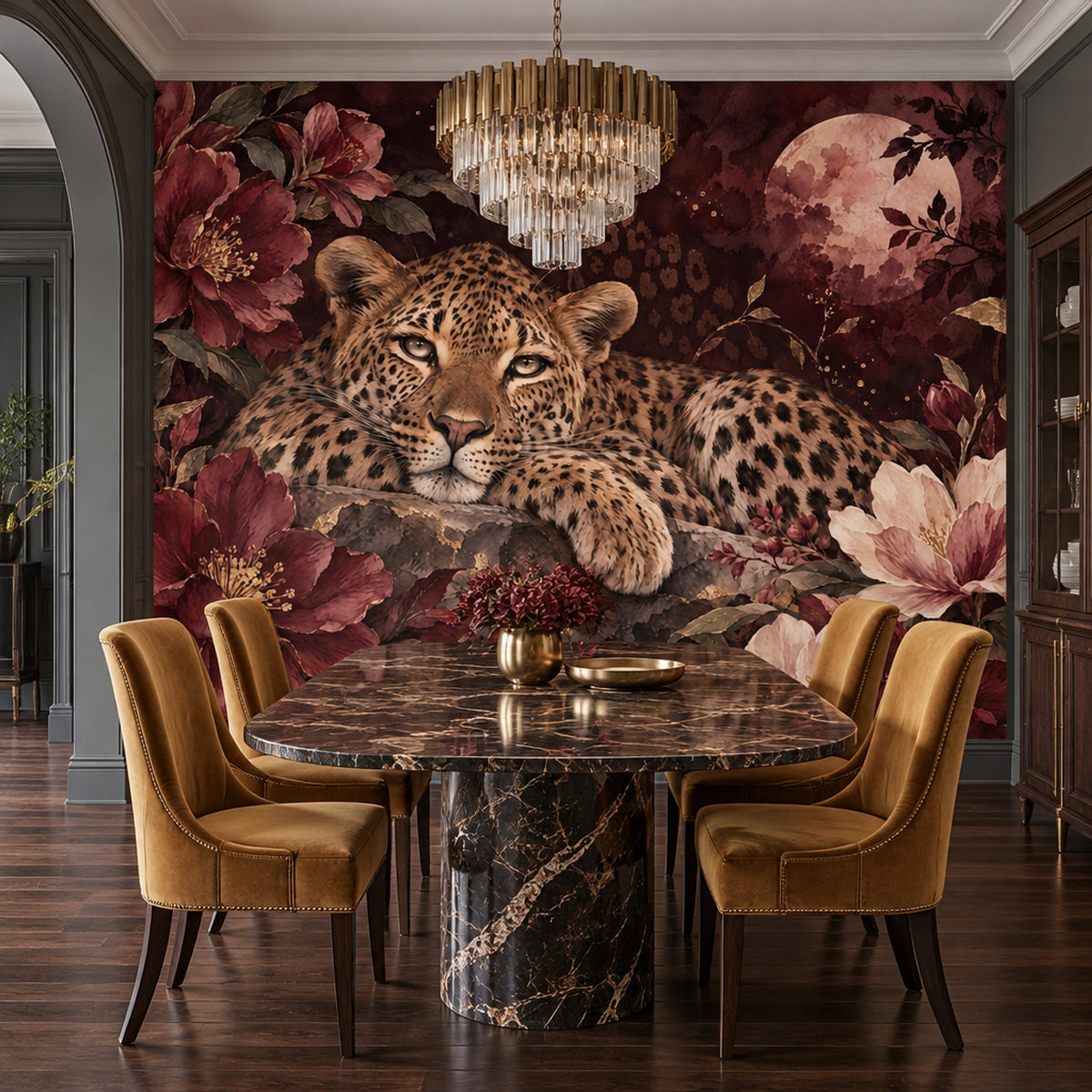 Reclining Leopard Wallpaper Mural, Dark Burgundy Florals And Moon