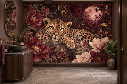 Reclining Leopard Wallpaper Mural, Dark Burgundy Florals And Moon