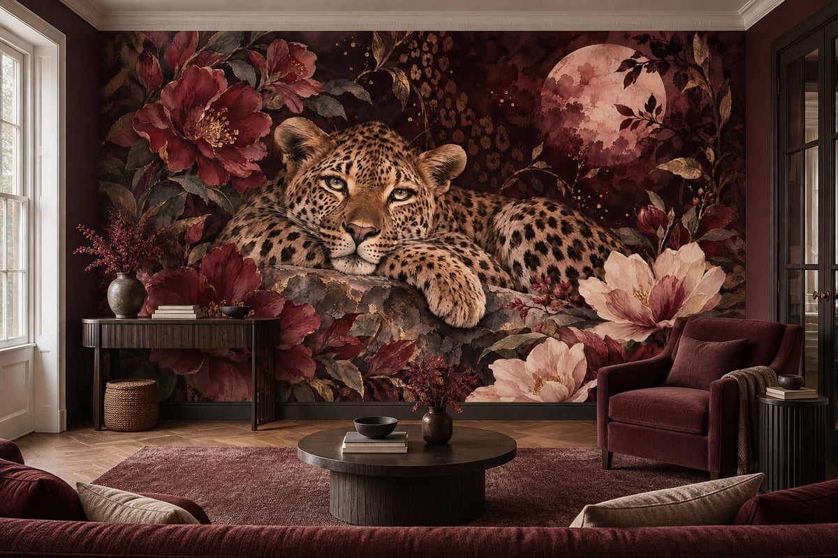 Reclining Leopard Wallpaper Mural, Dark Burgundy Florals And Moon