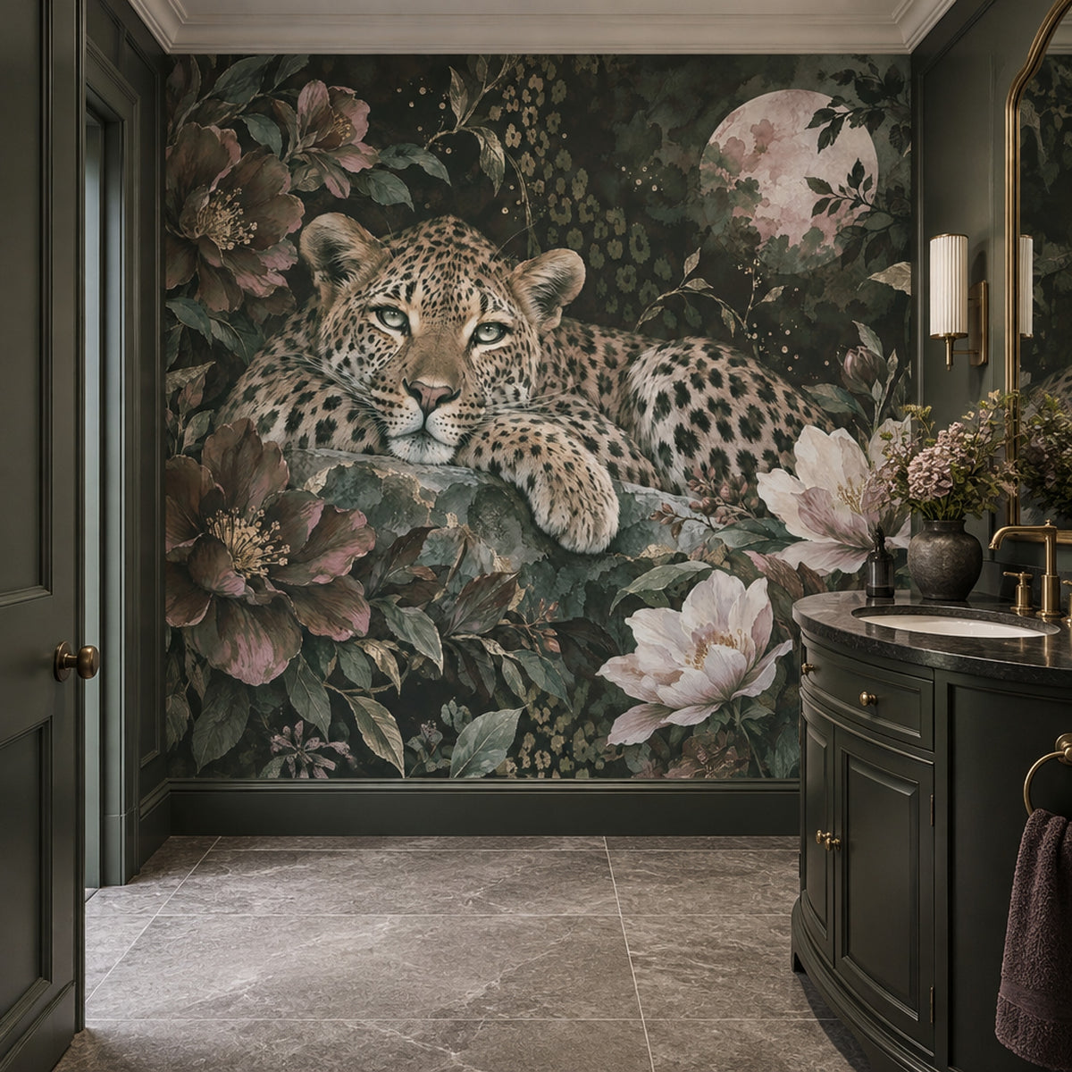 Moonlit Leopard Wallpaper Mural Dark Tropical Florals With Gold Accents