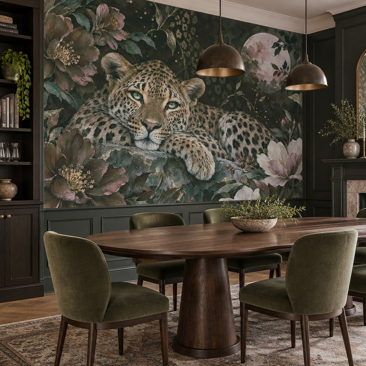 Moonlit Leopard Wallpaper Mural Dark Tropical Florals With Gold Accents