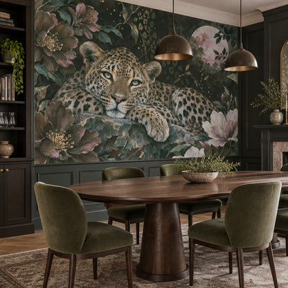 Moonlit Leopard Wallpaper Mural Dark Tropical Florals With Gold Accents