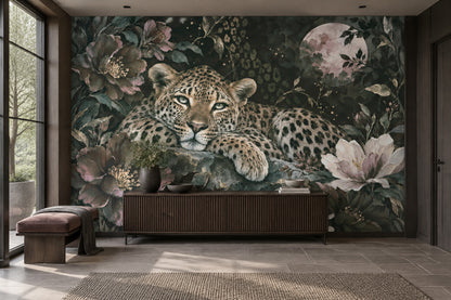 Moonlit Leopard Wallpaper Mural Dark Tropical Florals With Gold Accents