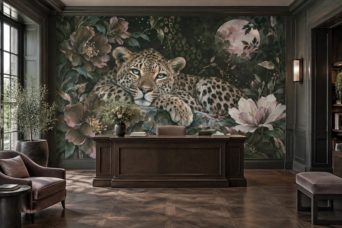 Moonlit Leopard Wallpaper Mural Dark Tropical Florals With Gold Accents